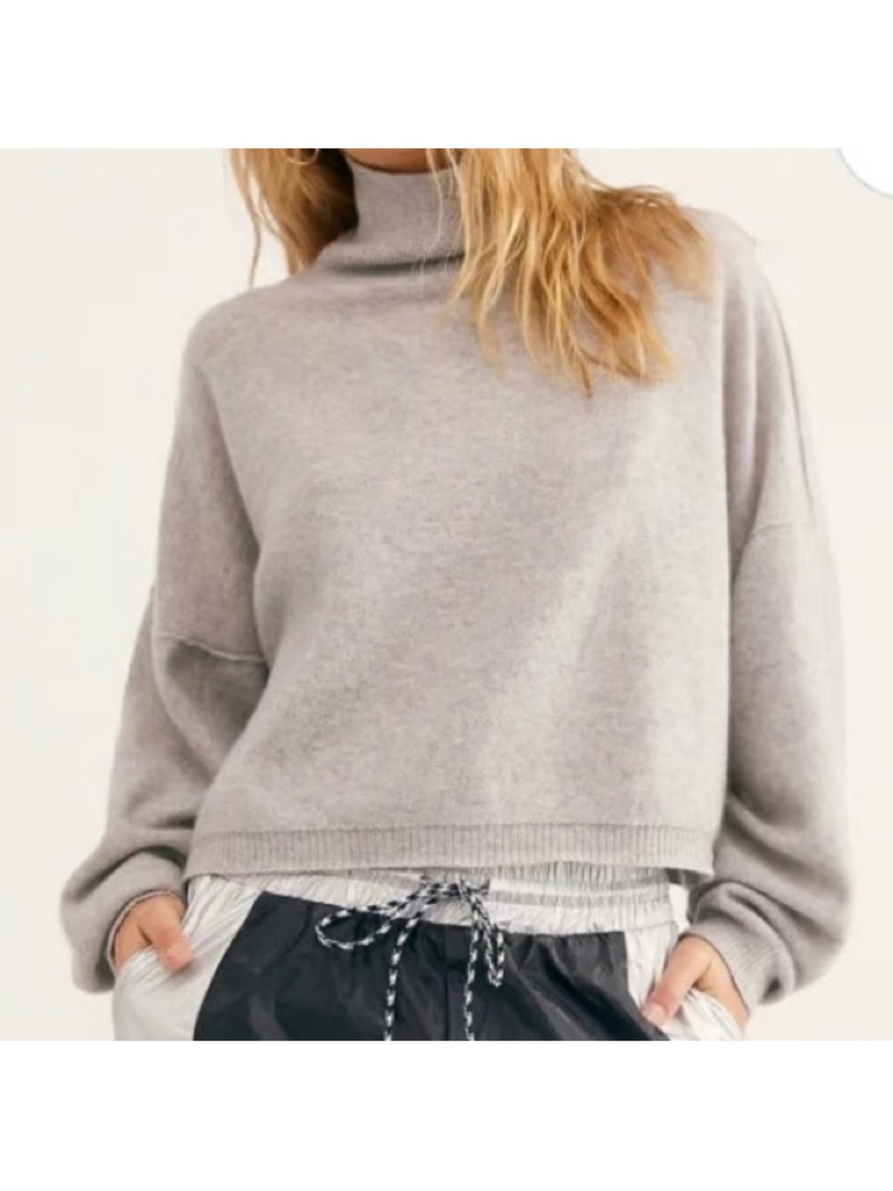 Free People Light Gray Turtleneck Cropped Sweater